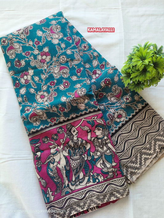 Kalamkari Cotton Saree Blue Colour