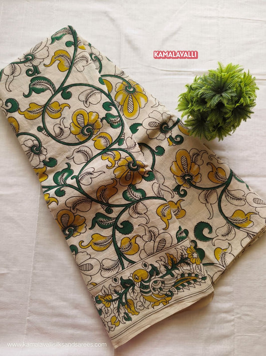 Kalamkari Cotton Saree Half White and Yellow Colour