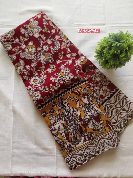 Kalamkari Cotton Saree Red Colour