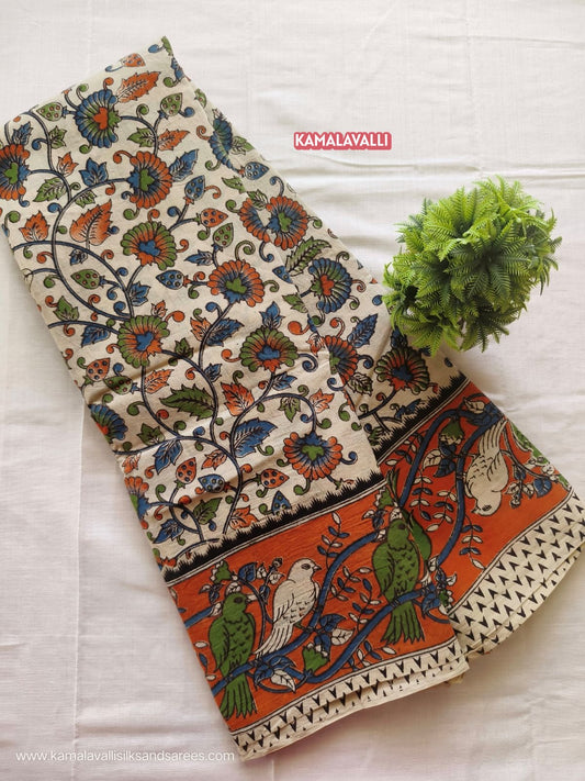 Kalamkari Cotton Saree Half White Colour