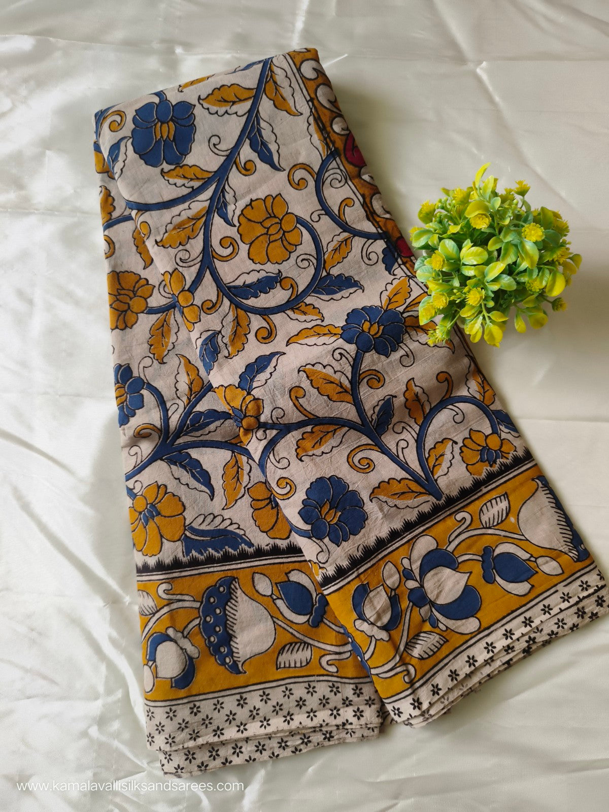 Kalamkari Cotton Saree half white with yellow and blue Colour