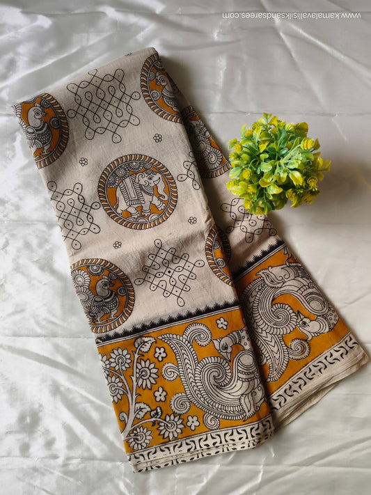 Kalamkari Cotton Saree half white and mustard Colour