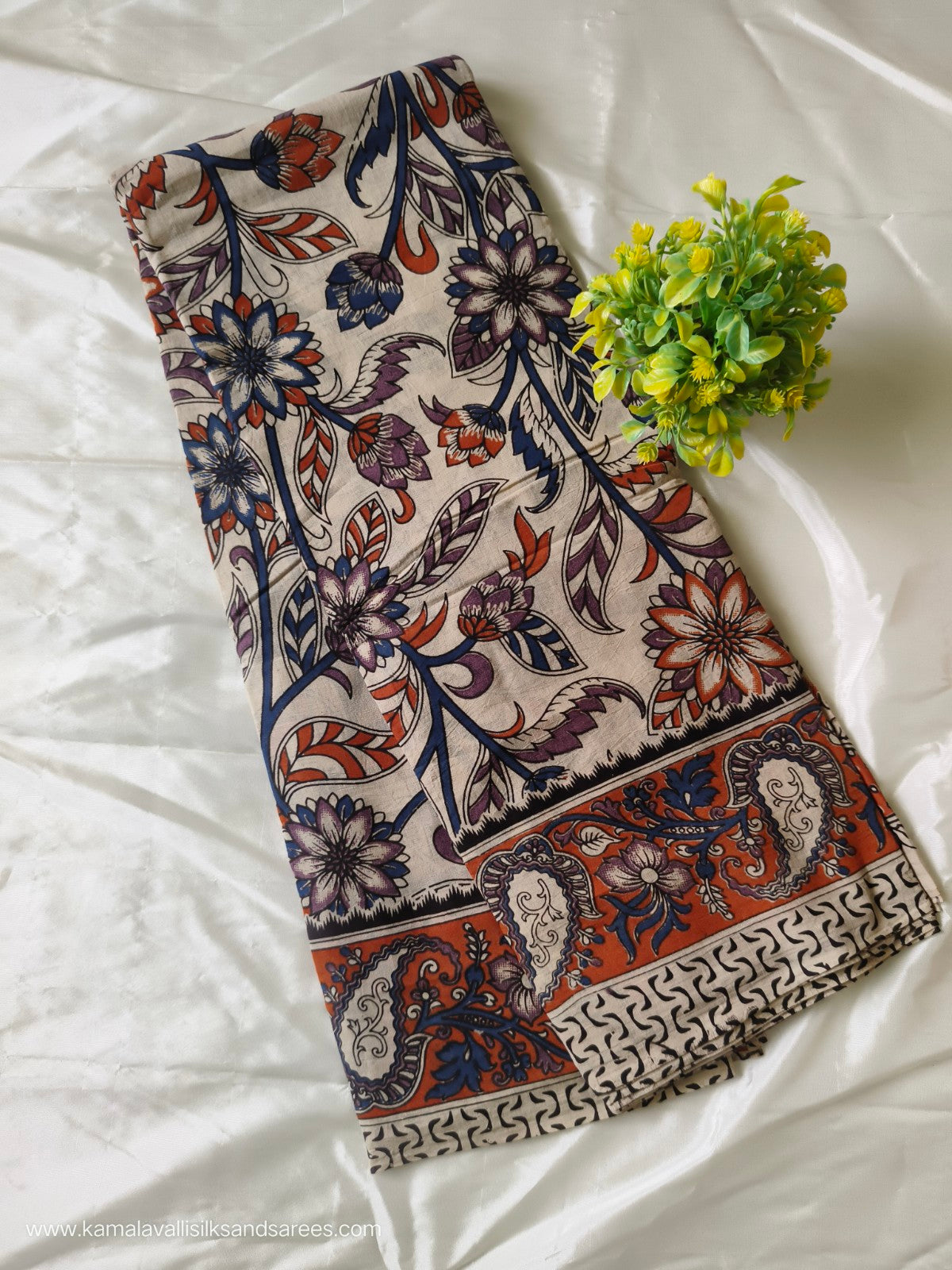 Kalamkari Cotton Saree multi Colour Blue and Orange