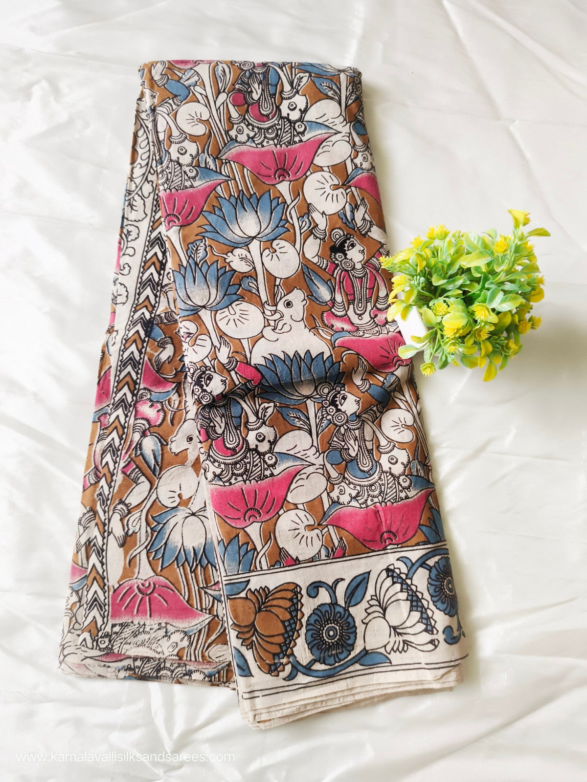 Kalamkari Cotton Saree Mustard, Blue and Pink Colour