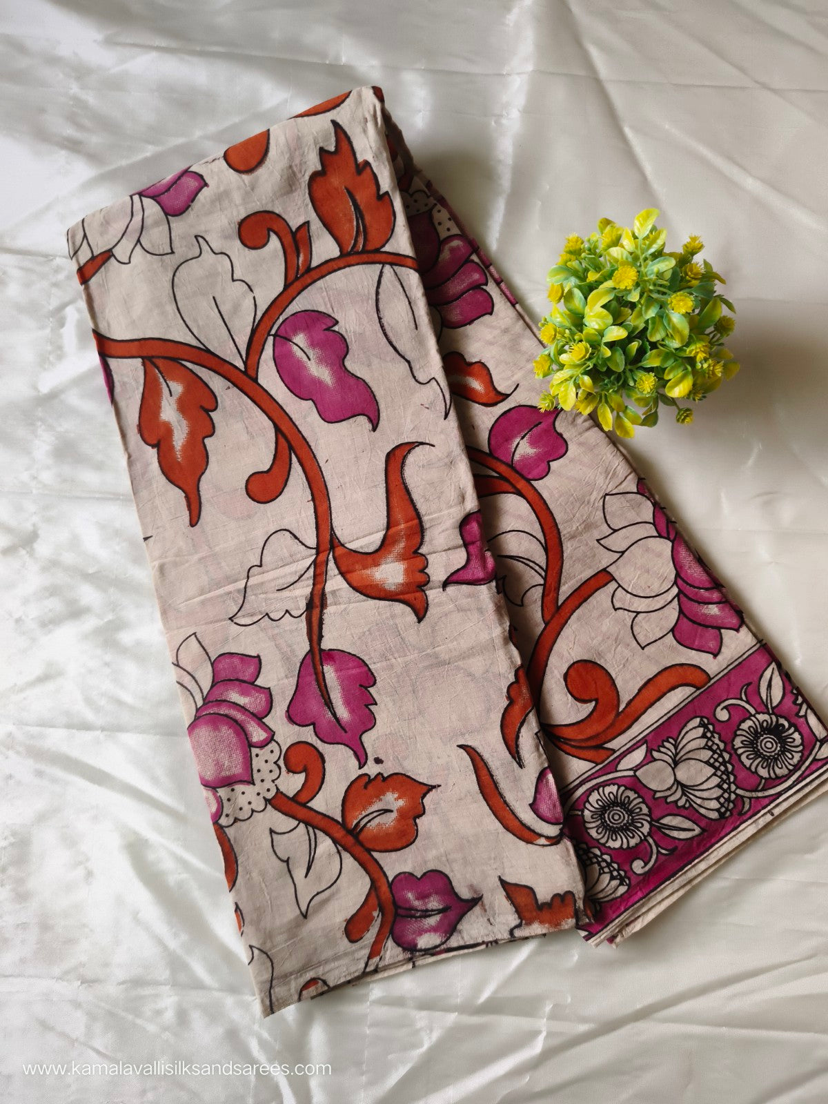 Kalamkari Cotton Saree Sandal with Orange and Pink Colour