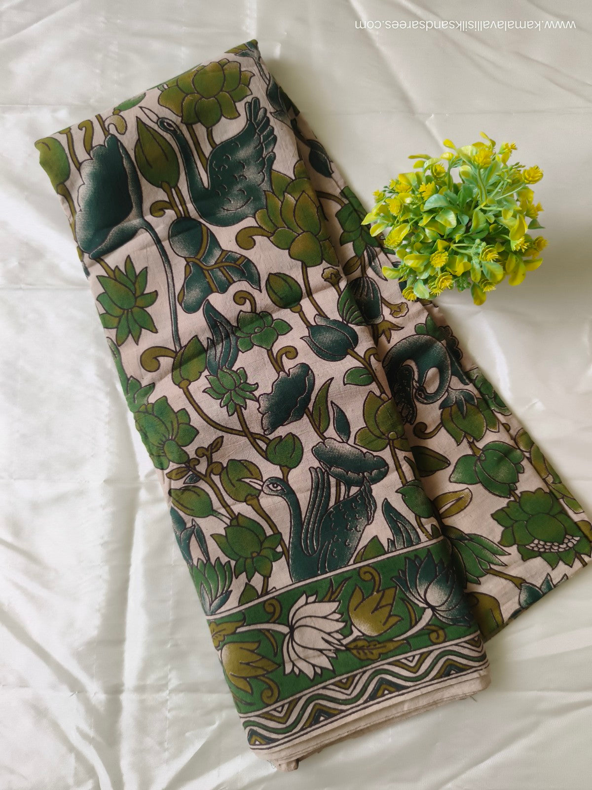 Kalamkari Cotton Saree Half White and Green Colour