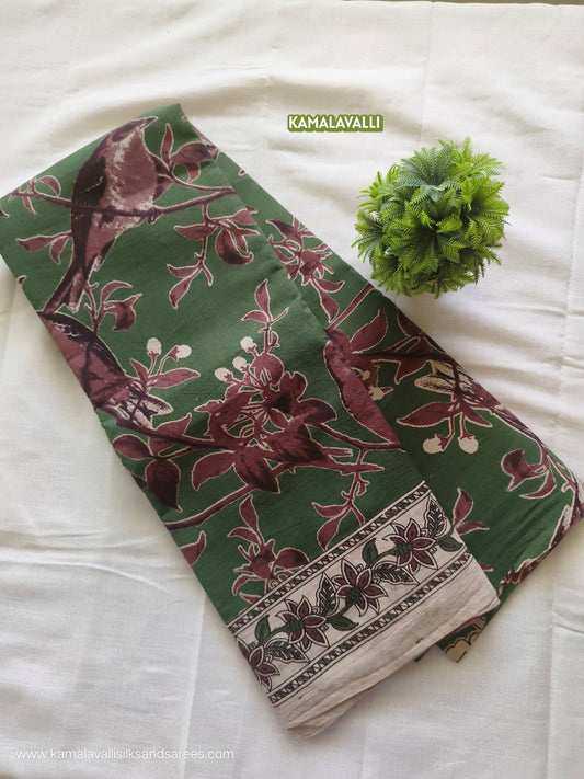 Kalamkari Cotton Saree Green Colour