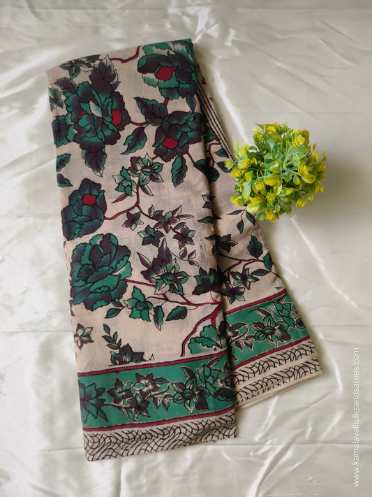 Kalamkari Cotton Saree Half White Colour and Green colour