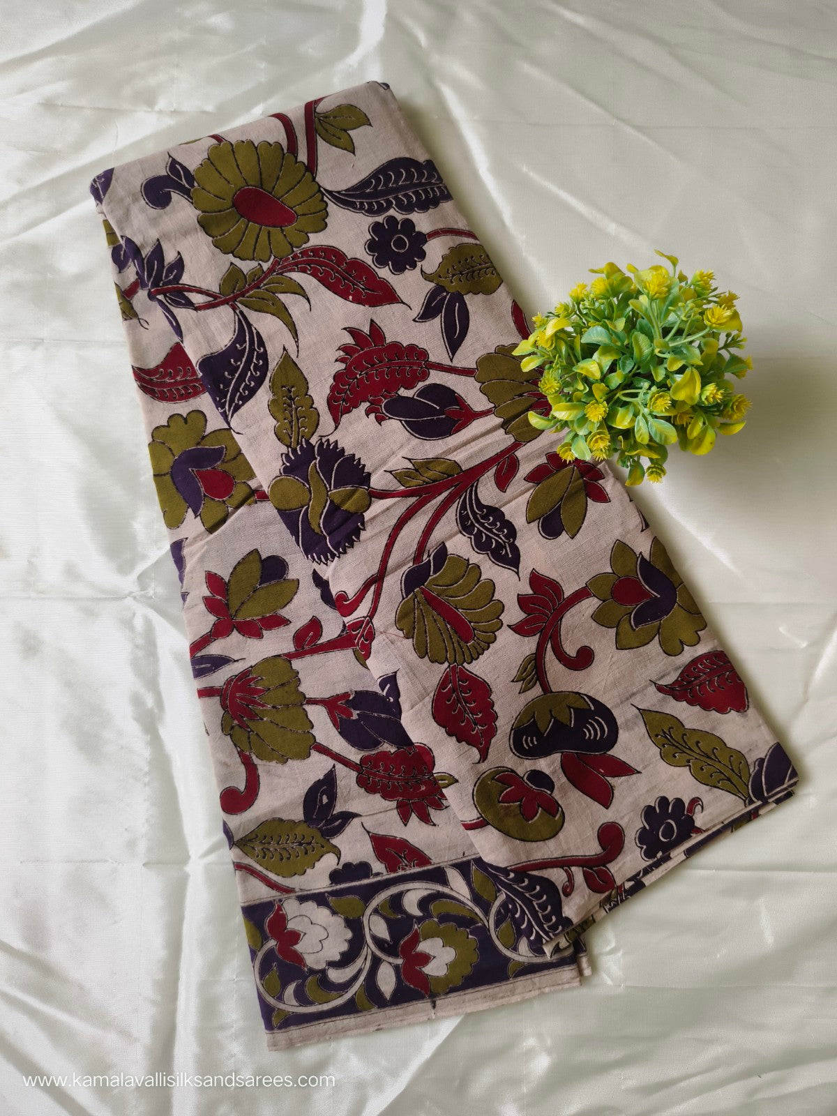 Kalamkari Cotton Saree Half White with green and maroon Colour