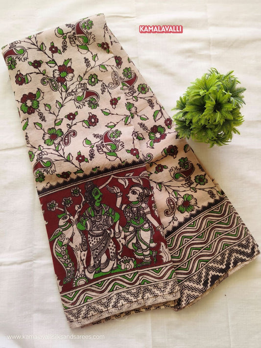 Kalamkari Cotton Saree Half White Colour