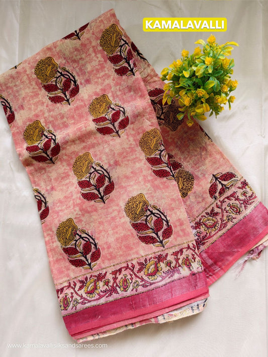 Pure Linen Cotton Saree Pastel Pink Colour with Zari Border