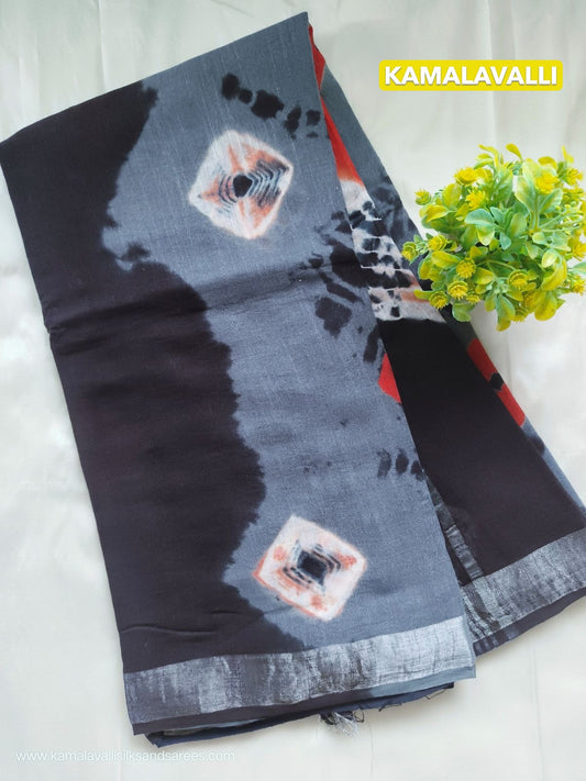 Pure Linen Cotton Saree Black and Grey Colour with Zari Border