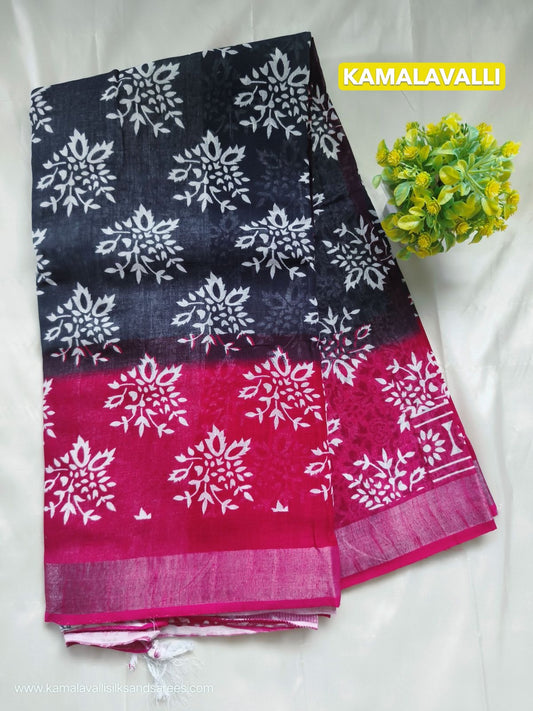 Pure Linen Cotton Saree Charcoal Black and Rose Colour with Zari Border