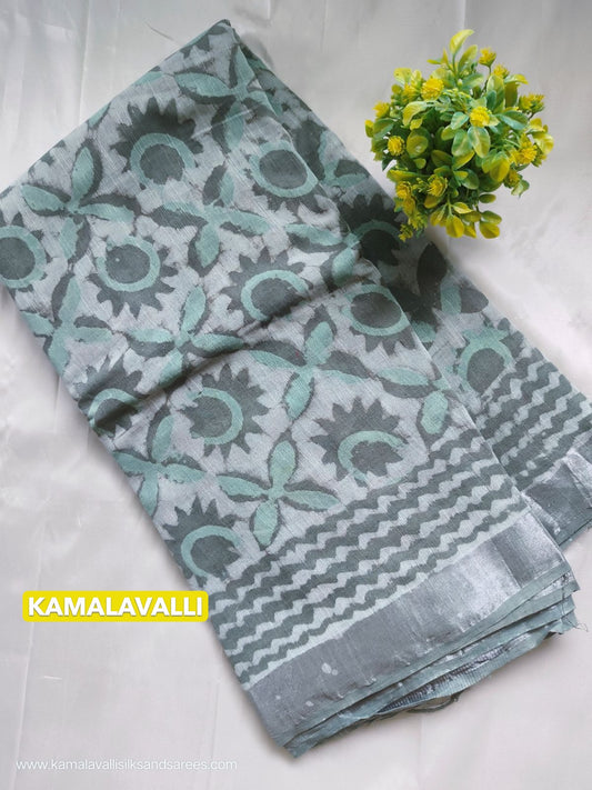 Pure Linen Cotton Saree Gray and Green Colour with Zari Border
