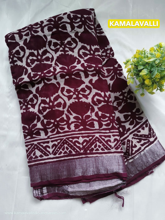 Pure Linen Cotton Saree Maroon Colour with Zari Border
