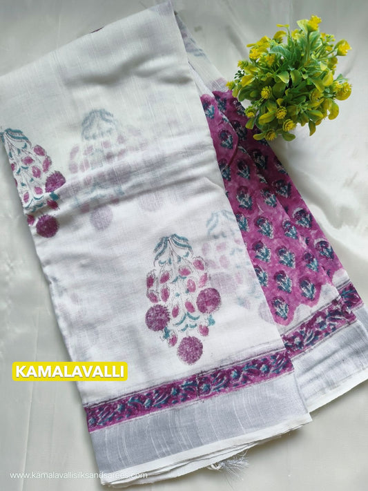 Pure Linen Cotton Saree White Colour with Zari Border