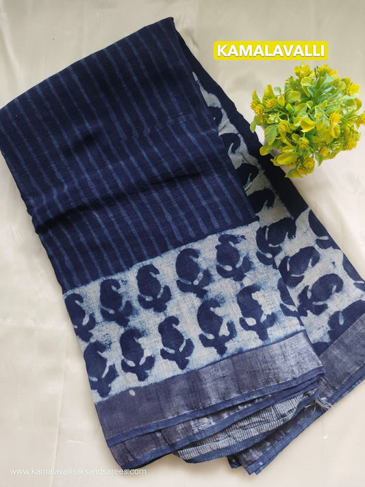 Pure Linen Cotton Saree Blue Colour with Zari Border