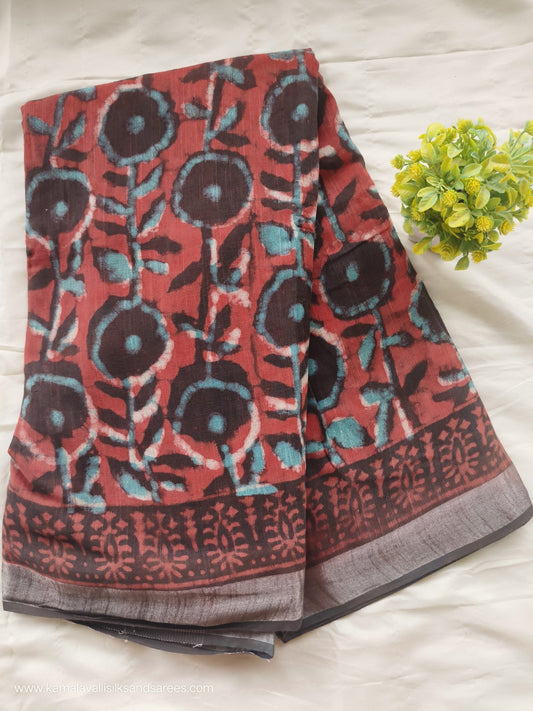 Pure Linen Cotton Saree Onion Red Colour with Zari Border
