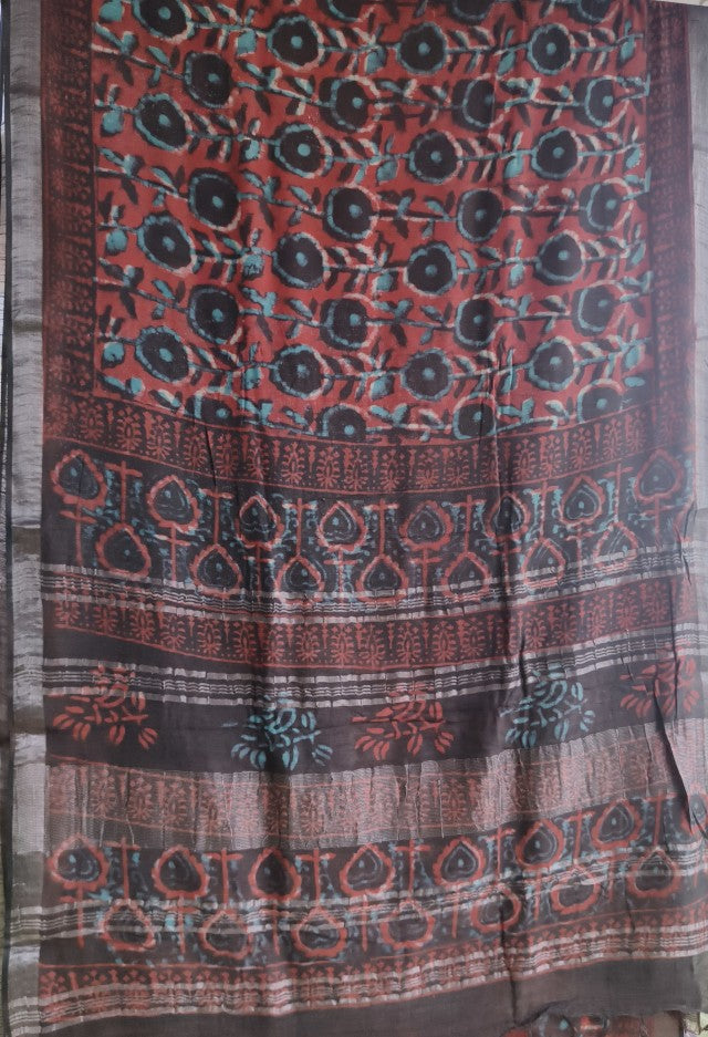 Pure Linen Cotton Saree Onion Red Colour with Zari Border