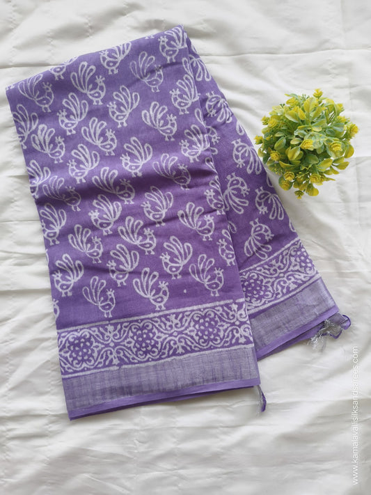 Pure Linen Cotton Saree Purple Colour with Zari Border