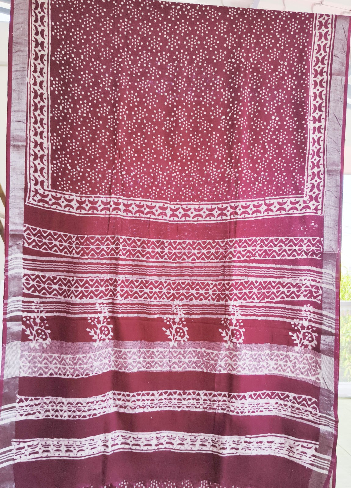 Pure Linen Cotton Saree Maroon Colour with Zari Border