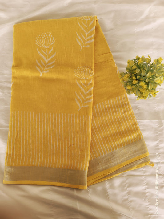 Pure Linen Cotton Saree Yellow Colour with Zari Border