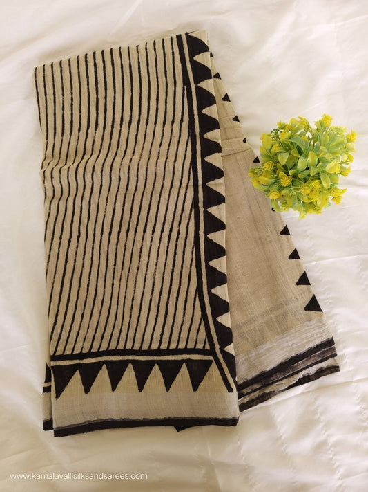 Pure Linen Cotton Saree Beige Colour with Zari Border