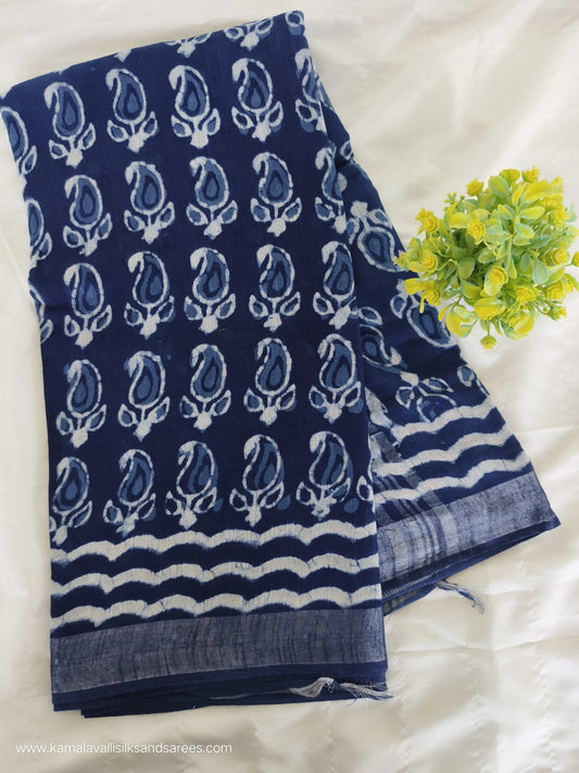 Pure Linen Cotton Saree Blue Colour with Zari Border