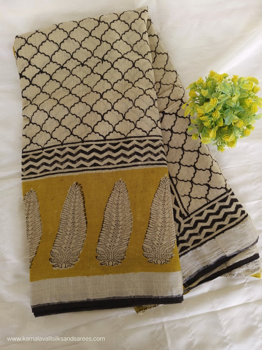 Pure Linen Cotton Saree Beige Colour with Zari Border