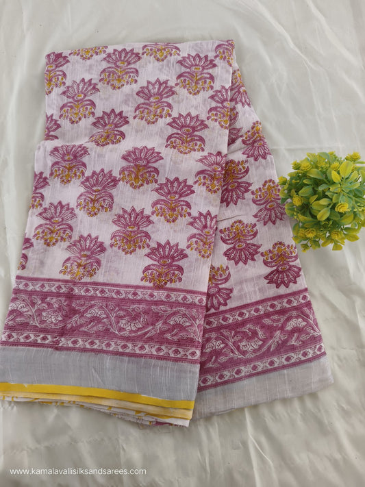 Pure Linen Cotton Saree White and Pink Colour with Zari Border