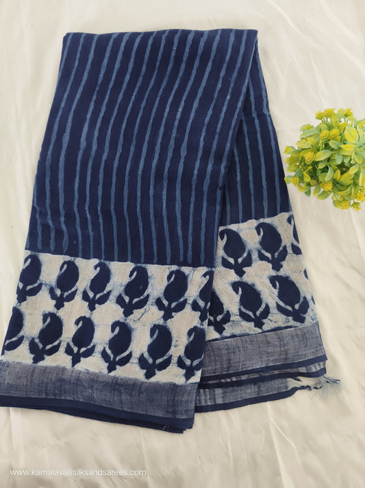 Pure Linen Cotton Saree Blue Colour with Zari Border