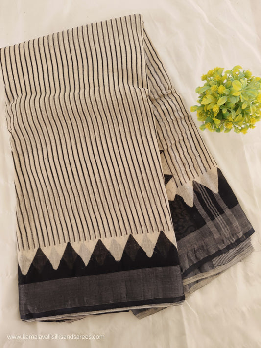 Pure Linen Cotton Saree White Colour with Zari Border