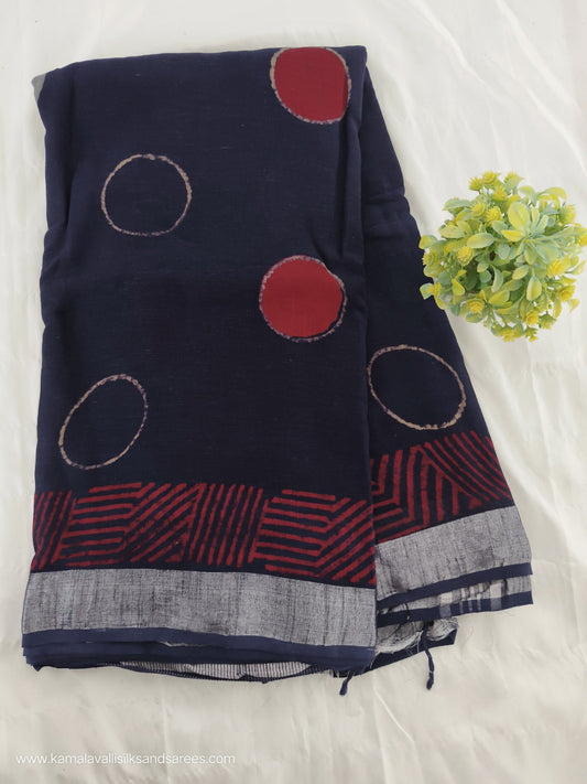 Pure Linen Cotton Saree Blue Colour with Zari Border