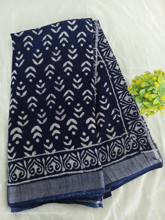 Pure Linen Cotton Saree Blue Colour with Zari Border