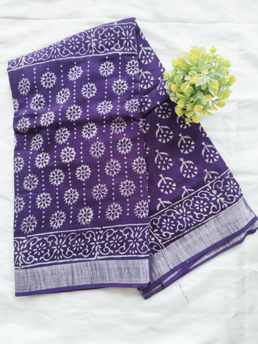 Pure Linen Cotton Saree Purple Colour with Zari Border