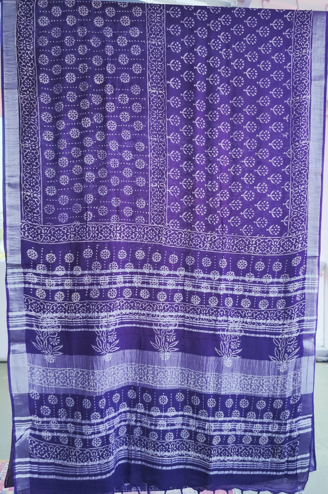 Pure Linen Cotton Saree Purple Colour with Zari Border