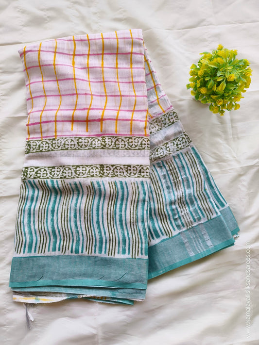 Pure Linen Cotton Saree White with multi Colour Stripes with Zari Border