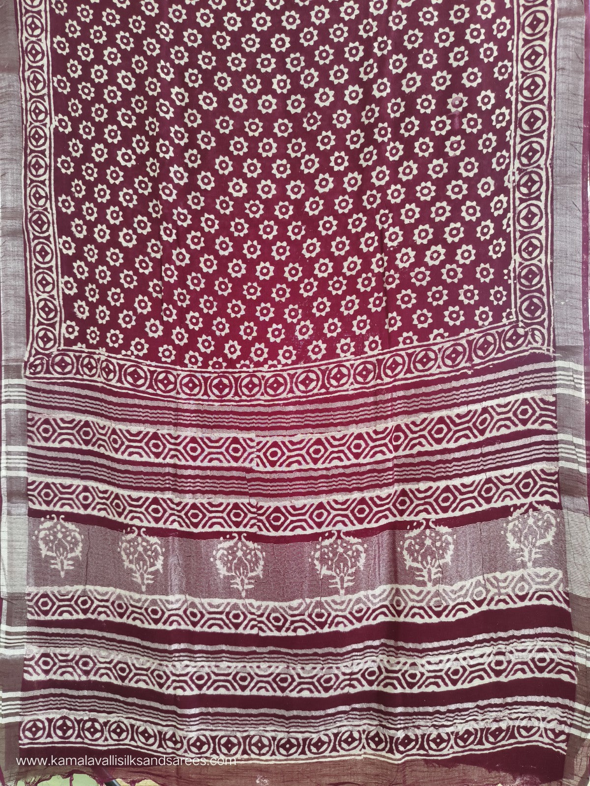 Pure Linen Cotton Saree Maroon colour with Zari Border