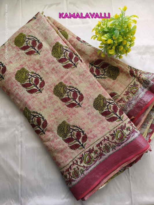 Pure Linen Cotton Saree Pastel Pink Colour with Zari Border