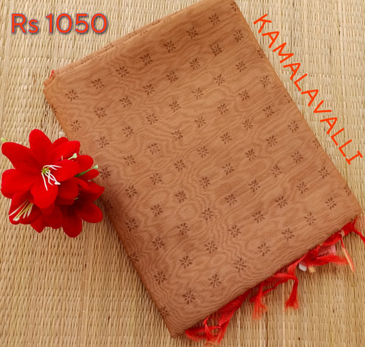 Chanderi Cotton Saree Beige Colour with Orange border