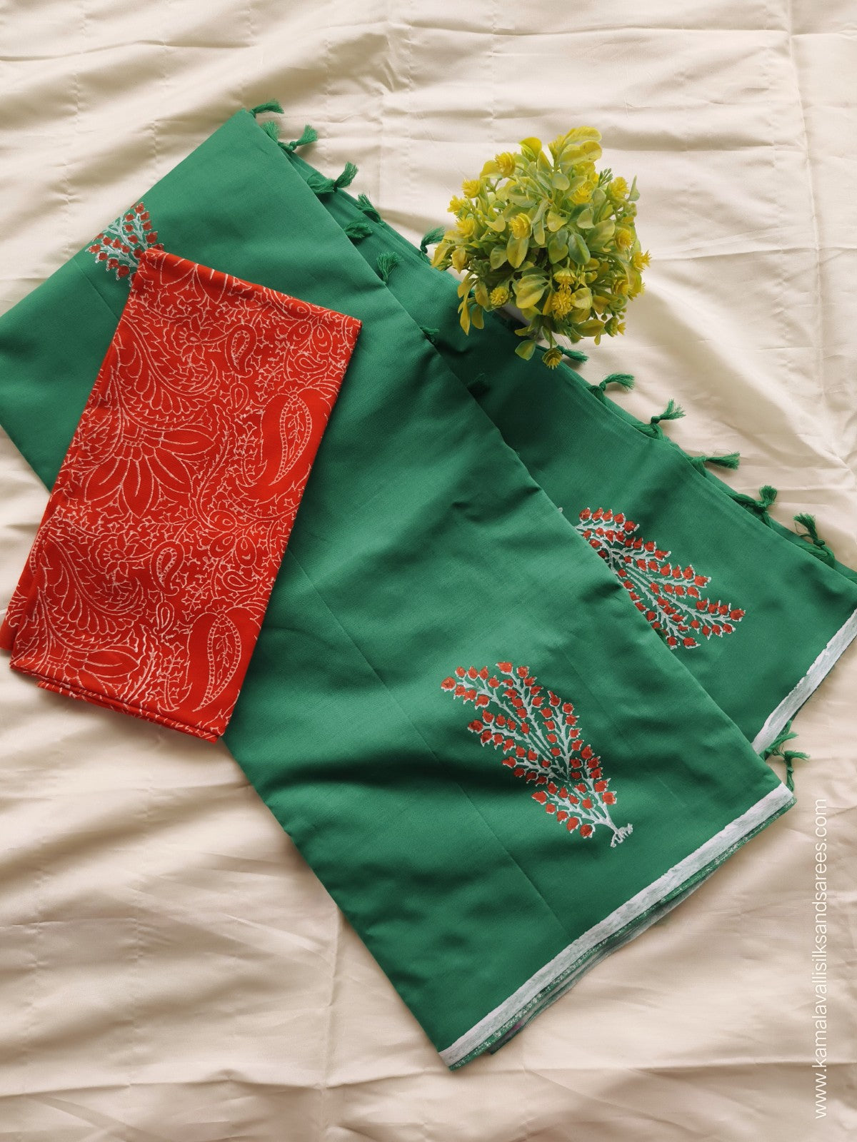 South Cotton Mix Block Printed Saree Green colour with Red colour contrast blouse