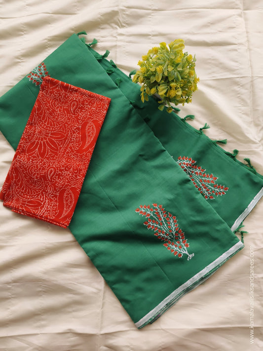 South Cotton Mix Block Printed Saree Green colour with Red colour contrast blouse