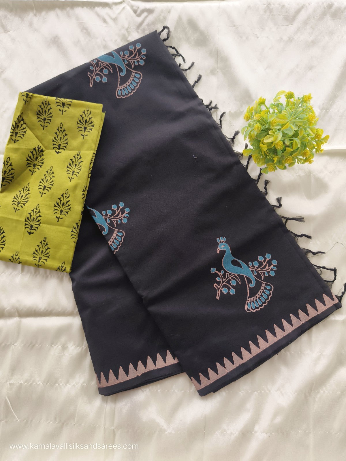 South Cotton Mix Block Printed Saree Black colour with Green colour contrast blouse