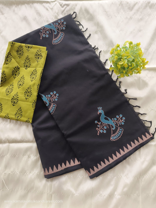 South Cotton Mix Block Printed Saree Black colour with Green colour contrast blouse