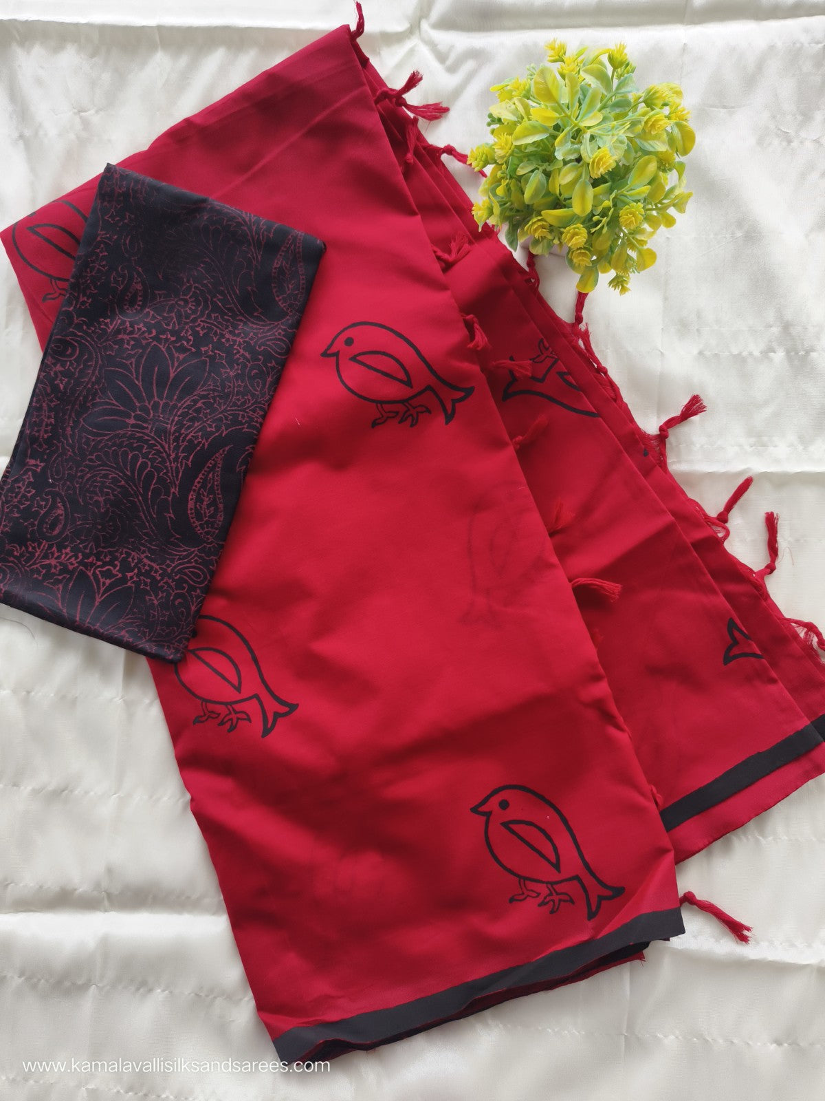 South Cotton Mix Block Printed Saree Red colour with Black colour contrast blouse