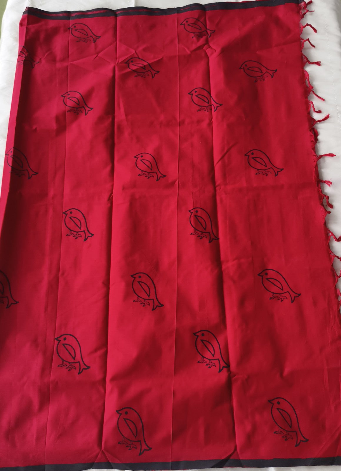 South Cotton Mix Block Printed Saree Red colour with Black colour contrast blouse