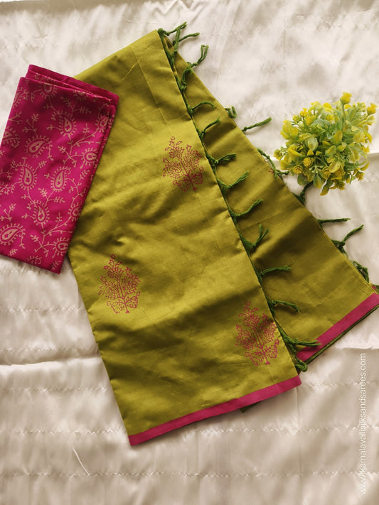 South Cotton Mix Block Printed Saree Green colour with Rose colour contrast blouse