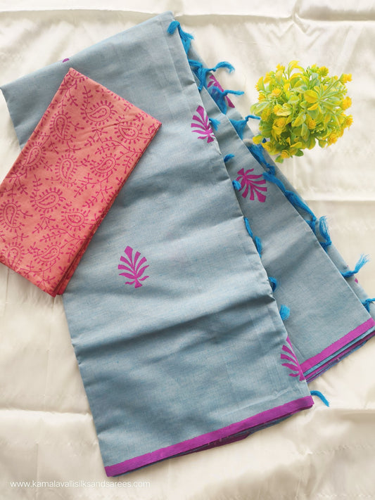 South Cotton Mix Block Printed Saree Blue colour with Peach colour contrast blouse