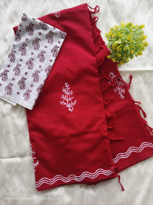 South Cotton Mix Block Printed Saree Red colour with White colour contrast blouse
