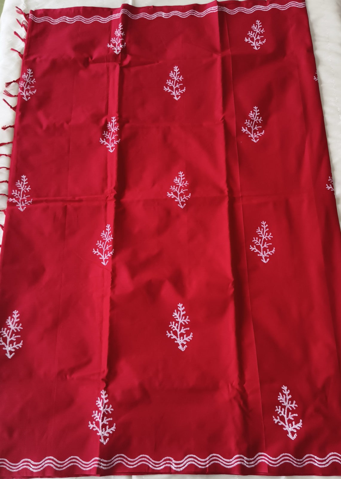 South Cotton Mix Block Printed Saree Red colour with White colour contrast blouse